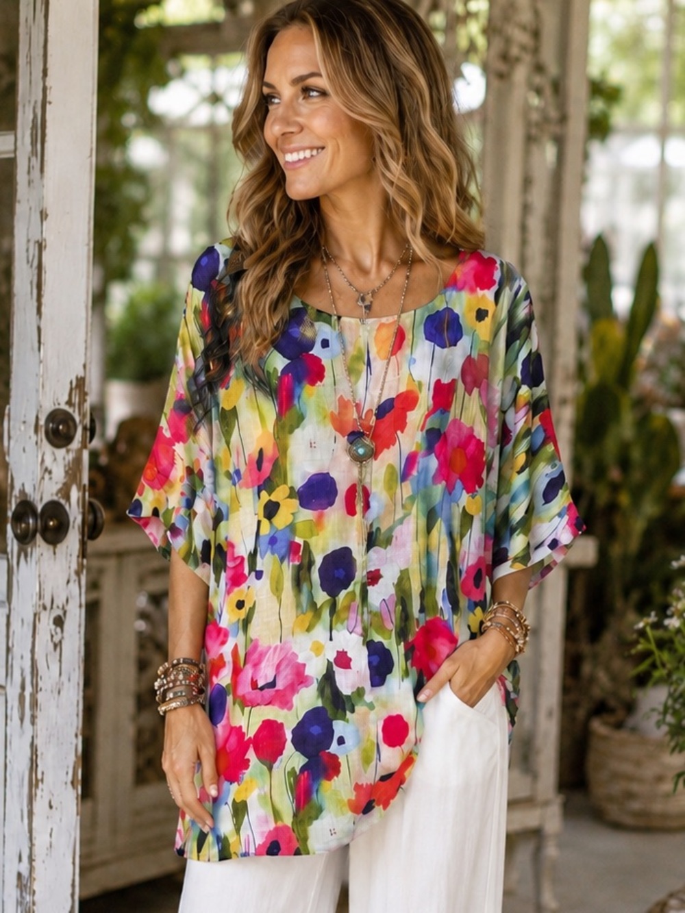 Floral Watercolor Boho  Short-Sleeve Tunic Top - Multicolor Size medium